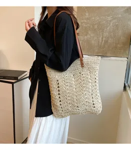 Borsa tote in paglia intrecciata minimalista da donna, grande borsa a spalla per spiaggia.