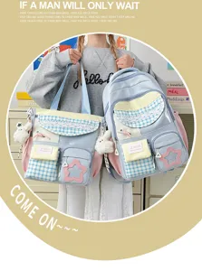 Japanese sweet candy color large capacity color block student backpack set detail view