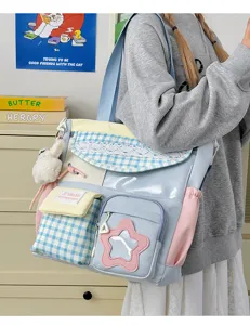 Cute Japanese candy color patchwork canvas tote bag with star pocket and plush rabbit charm.