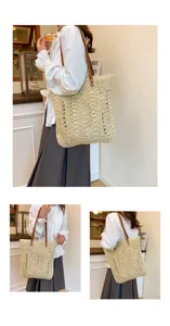 Dettaglio borsa shopper in paglia intrecciata con grande capacità, stile spiaggia.