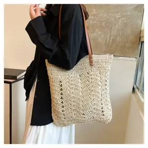 Borsa shopper in paglia intrecciata da donna, borsa a spalla estiva casual in pelle.