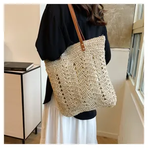 Borsa tote in paglia intrecciata da donna, borsa a spalla vintage traforata con manici.