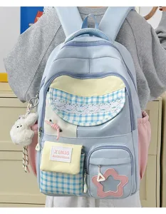 Cute candy color patchwork student backpack detail, featuring cute lace and star pocket design.