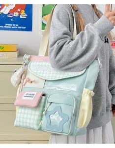 Japanese candy color large capacity canvas backpack for students, cute multi-pocket school bag