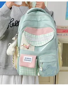 Detailed view of the cute candy color multi-pocket backpack with sweet lace and star design.
