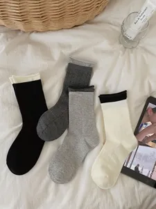 Women solid color mid tube socks with rolled cuffs classic cotton casual socks 4 pairs