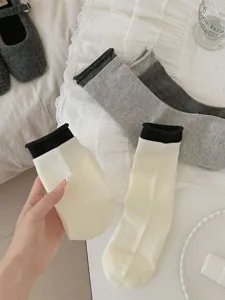 Women mid-tube socks rolled edge solid color contrast color cute casual daily wear fashion new