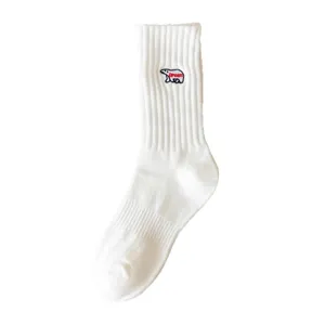 White mid-calf socks for men and women, cute embroidered bear, ribbed streetwear style.