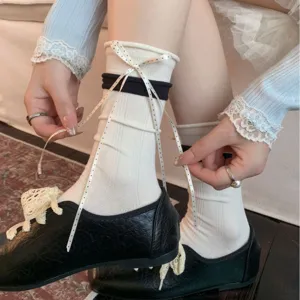 White bow stacking socks women summer thin mid-calf cotton socks ballet style cute design