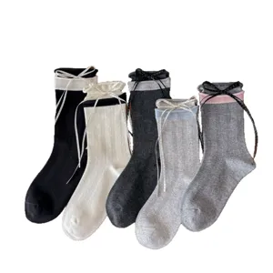Women cute bow ribbed crew socks summer thin cotton ballet core hosiery footwear casual daily