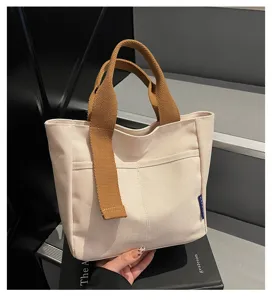 Borsa shopper casual in tela di colore solido con manici marroni, elegante borsa da lavoro.