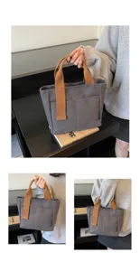 Borsa a mano in tela casual con manici marroni, borsa tote minimalista da donna per lavoro.
