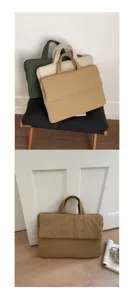 Detailed view of padded laptop bag, thick solid color commuter handbag for daily office use.