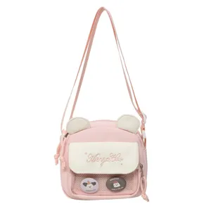 Sac bandoulière en toile rose pour femme, design mignon d'oreilles d'ours, petit sac à rabat.