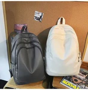 Sac à dos décontracté en cuir PU grande capacité pour travail école gris et blanc