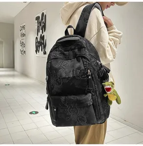 Casual nylon campus backpack with letter print, large capacity school bag for women and girls.
