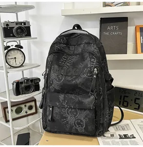 Casual black nylon school backpack with graffiti letters, large capacity daily campus daypack.