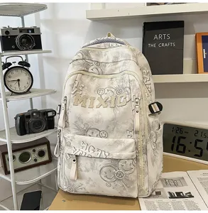 Casual nylon backpack with smiley graffiti, large capacity school bag for daily use.