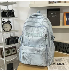 Large capacity nylon school backpack for women, casual literary style daypack with letter print.