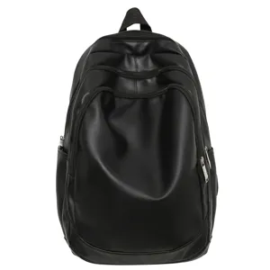 Sac à dos classique en cuir PU noir pour homme, grande capacité pour travail et école.