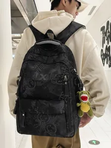 Casual nylon campus backpack for students, featuring stylish graffiti letters and large capacity.