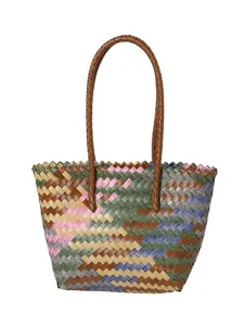 Γυναικεία πολύχρωμη υφασμένη τσάντα ώμου casual tote χειρός καλάθι αγορών για παραλία.