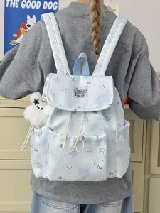 Japanischer Harajuku-Stil Süßer Stern Druck Rucksack Für Damen Große Kapazität Studenten Schultasche Kontrastfarbe Nylon Kordelzug Rucksack Mit Plüsch Anhänger
