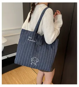 Borsa shopper in tela a righe casual con grazioso ricamo e grande capacità per ogni giorno.