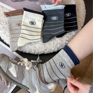 Korean style striped cotton mid socks with cute egg embroidery for women spring summer.
