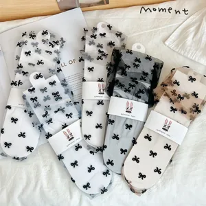 Japanese style black JK sheer mesh mid tube socks with cute black bowknot patterns summer ins style