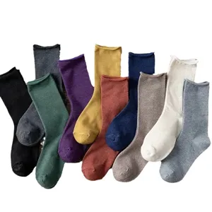 Women solid color mid tube socks rolled cuff casual cotton hosiery fashion style main view