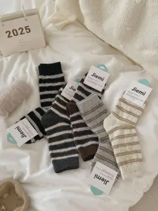 Cozy striped wool mid-calf socks detail shot, showing soft textured fabric and warm winter design.