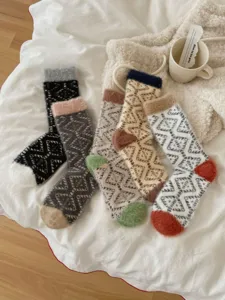 Cozy fleece winter mid-tube socks with warm geometric pattern, soft home sleep socks.
