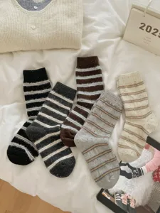 Cozy striped wool blend mid-tube socks for women, warm winter daily wear detail.