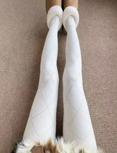 White argyle pattern tights for women, winter warm knitted hosiery, fashion vintage leggings.