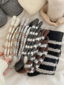 Autumn winter thick warm wool socks for women, striped minimalist mid-tube cozy knit socks.