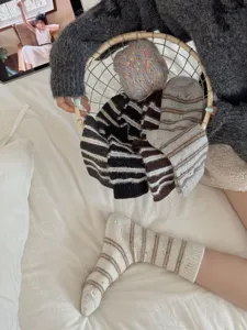 Cozy thick wool blend socks with stylish stripes and flecked yarn, perfect autumn wear.