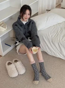 Cozy winter warm coral fleece mid-tube socks detail view, soft thickening home sleep socks.