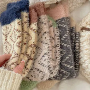 Women Winter Warm Coral Fleece Thickened Mid Tube Sleep Socks Sweet Geometric Color Block Thermal Floor Socks