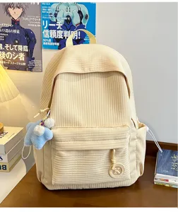 Casual corduroy backpack large capacity school bag solid color daily travel daypack for women