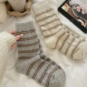 Thickened warm wool socks for women striped minimalist mid-tube cozy winter slouchy socks