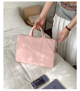Pink quilted laptop bag spring thickened commuting solid color document handbag for women