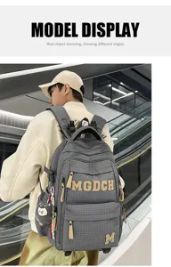 Detailed view of the stylish plaid student backpack with large capacity and cute pendant.