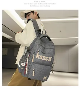 Stylish campus style plaid student backpack with large capacity and letter prints.