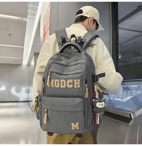 Fashion college style large capacity grey plaid school backpack detail view for students.