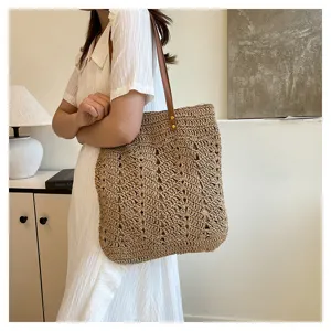 Borsa tote in paglia intrecciata da donna, grande borsa a spalla, stile vacanza al mare.