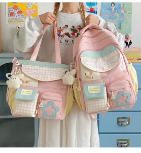 Japanese candy color large capacity color block student school backpack and tote bag.