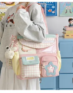 Japanese style candy color patchwork backpack detail showing front pockets and cute bear charm.