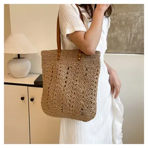 Borsa tote in paglia intrecciata da donna, borsa a spalla vintage con manici in pelle.