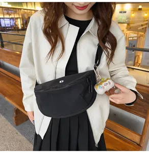 Casual nylon chest bag women crossbody bag Harajuku style black shoulder bag with cute pendant.